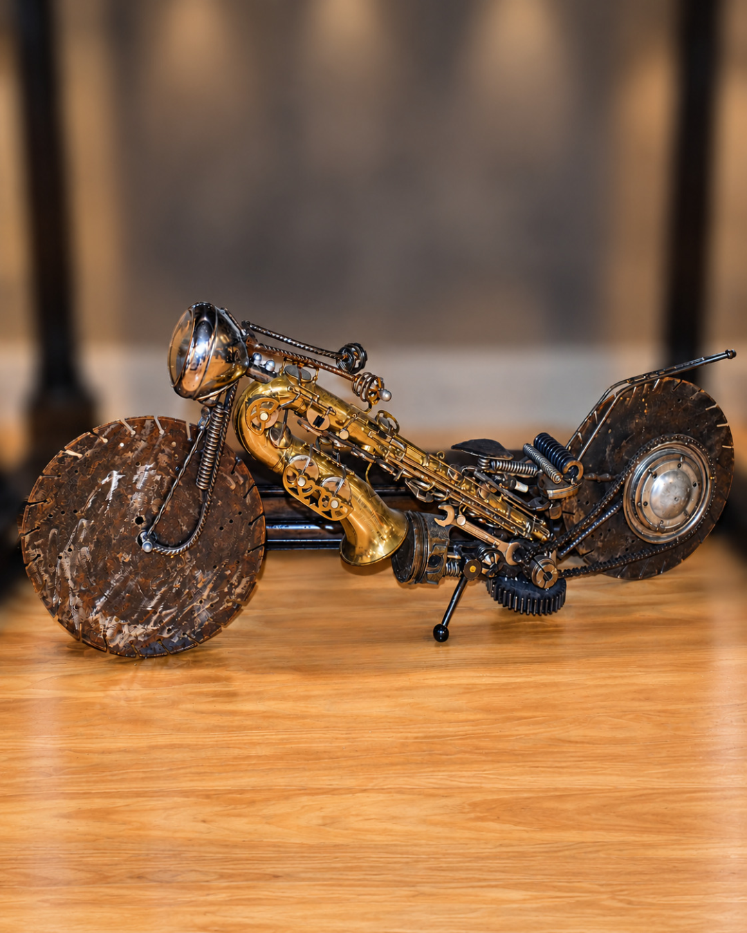 Motorcycle sculpture with a golden-toned saxophone body, dark textured wheels, and exposed mechanical details on a wooden surface.