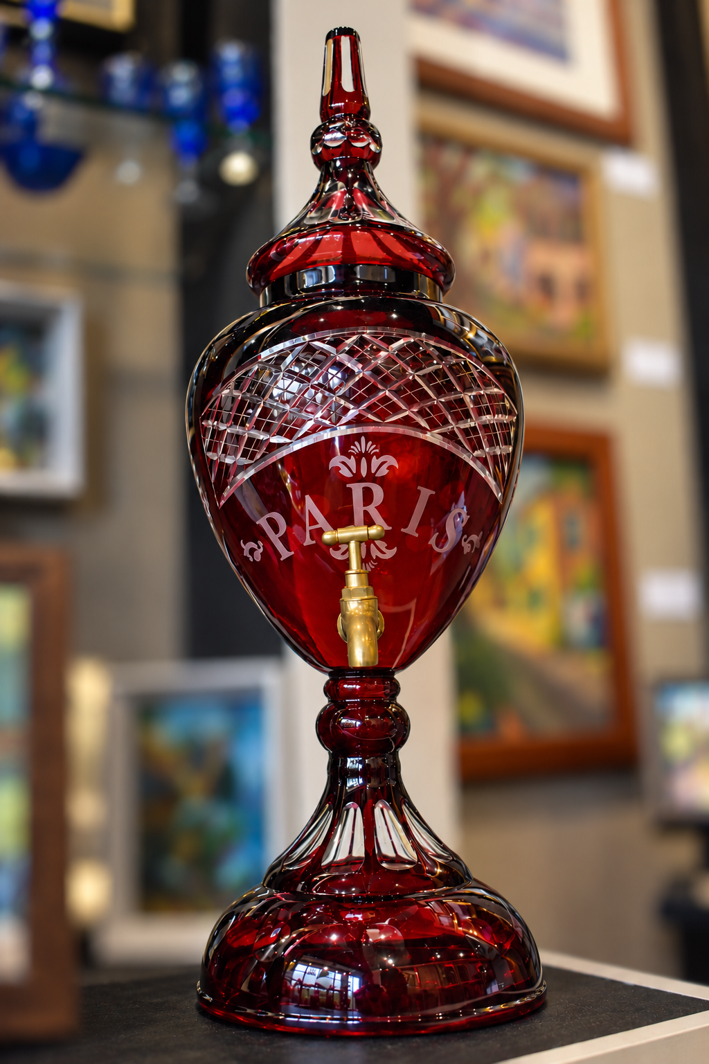A red glass decanter with a lid, featuring etched geometric patterns and the word 'PARIS' on the front, with a small gold-toned spout at the top.