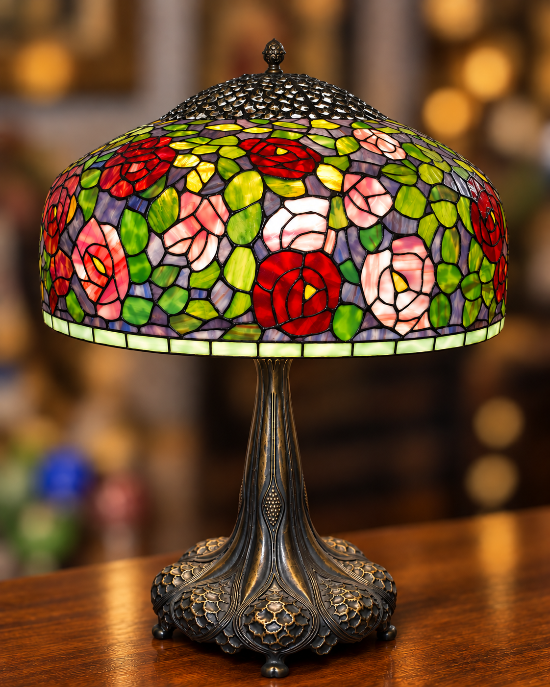 A Tiffany-style table lamp with a stained-glass shade featuring red, pink, and white roses with green leaves, mounted on an ornate dark metal stem and base, set on a wooden surface with a blurred warm background.