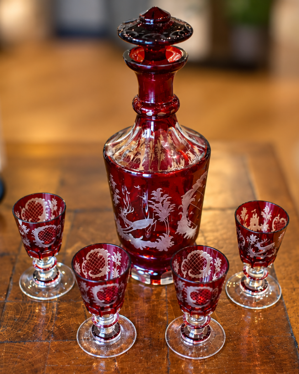 A red glass decanter with a matching stopper and four matching goblets, all featuring white etched floral and bird motifs, arranged on a wooden table.