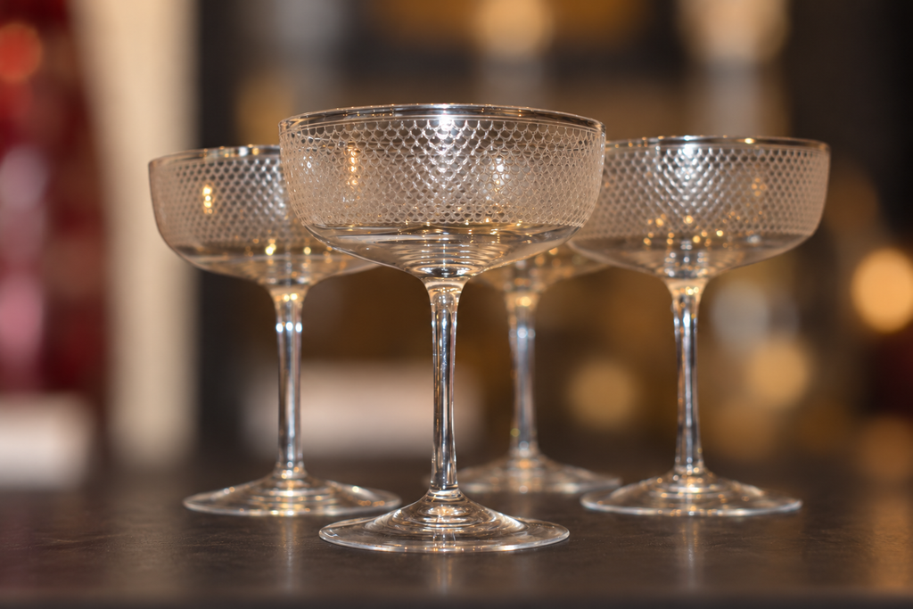 set of 4 etched champagne coupe glasses - side view