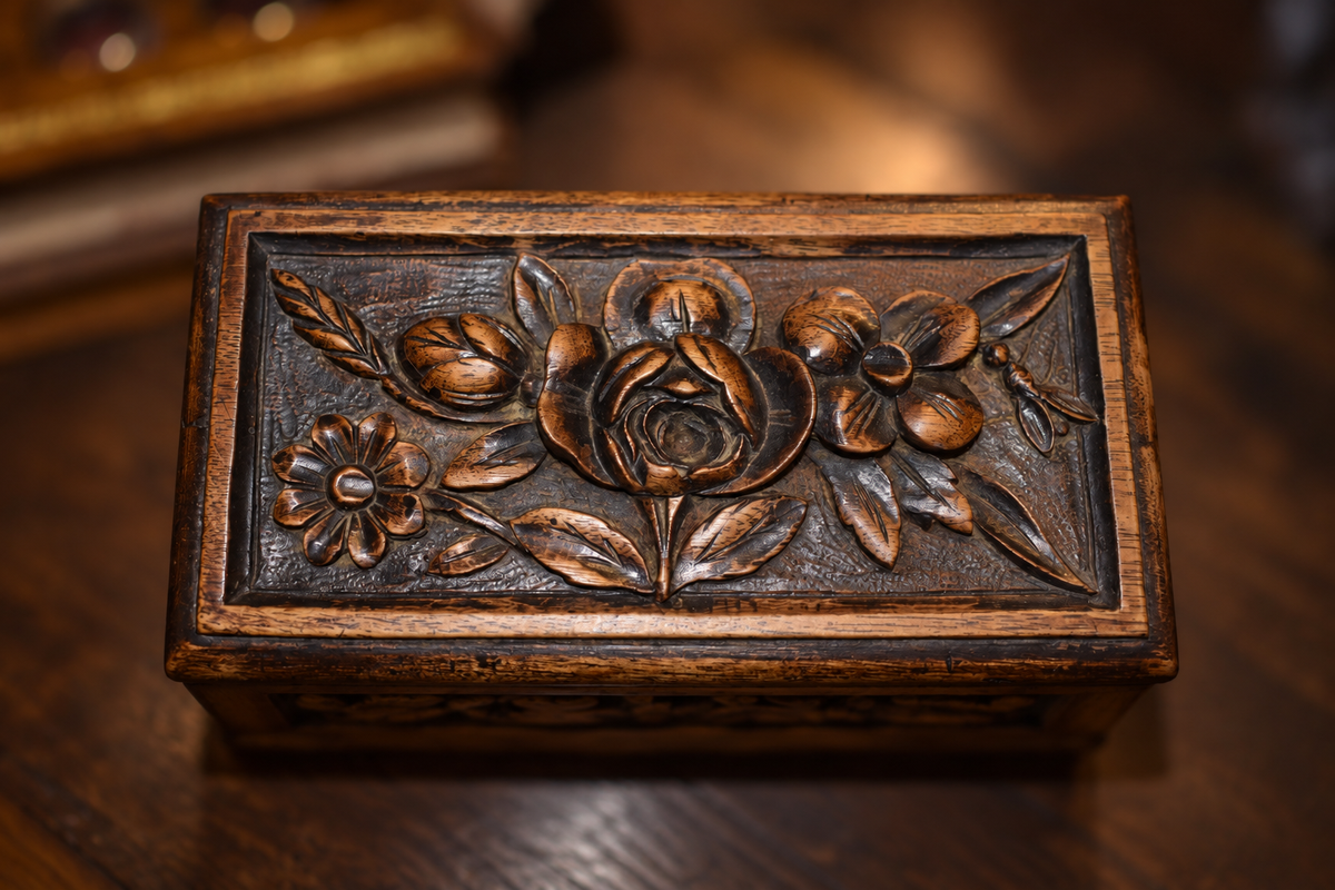 Antique Hand-Carved Floral Wooden Jewelry & Trinket Box