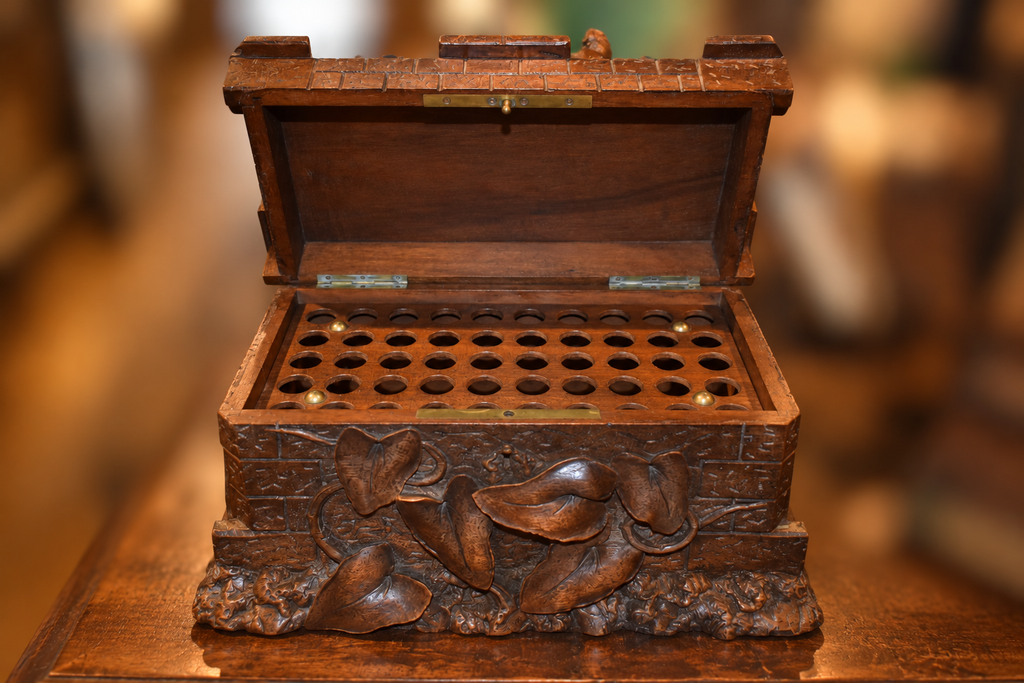 Black Forest Carved Walnut Cigar Box - open view