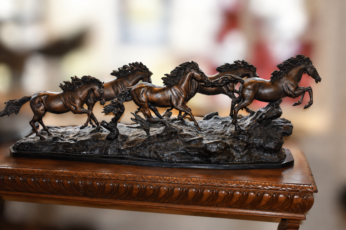 Brass-toned sculpture of wild horses galloping and rearing across a dark, textured base