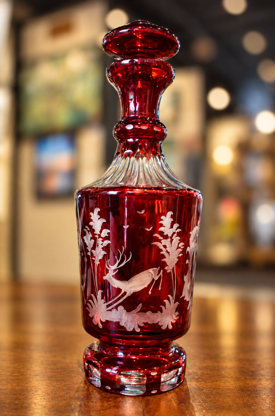 A red glass decanter with etched deer and foliage designs, standing on a wooden surface with a blurred indoor background.
