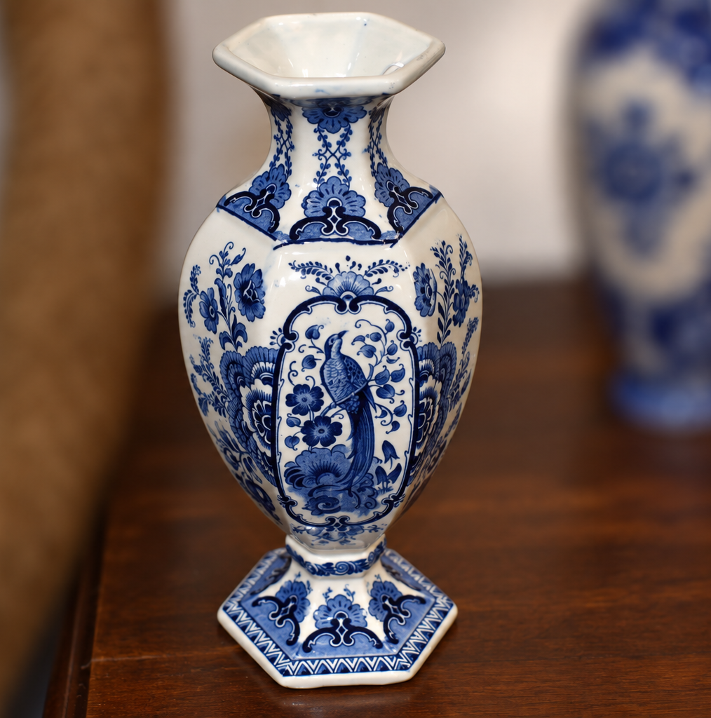  Delft-Style Peacock Vase with Hexagonal Base