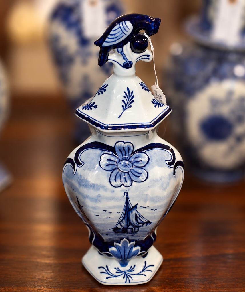 elft-Style Covered Vase with Sailboat Scene and Bird Finial