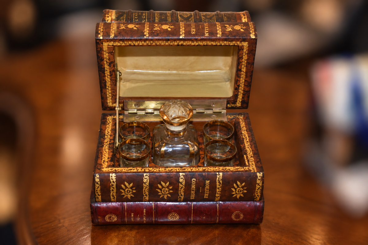 French Gilt-Tooled Leather Book Tantalus with Music Box- glasses inside 