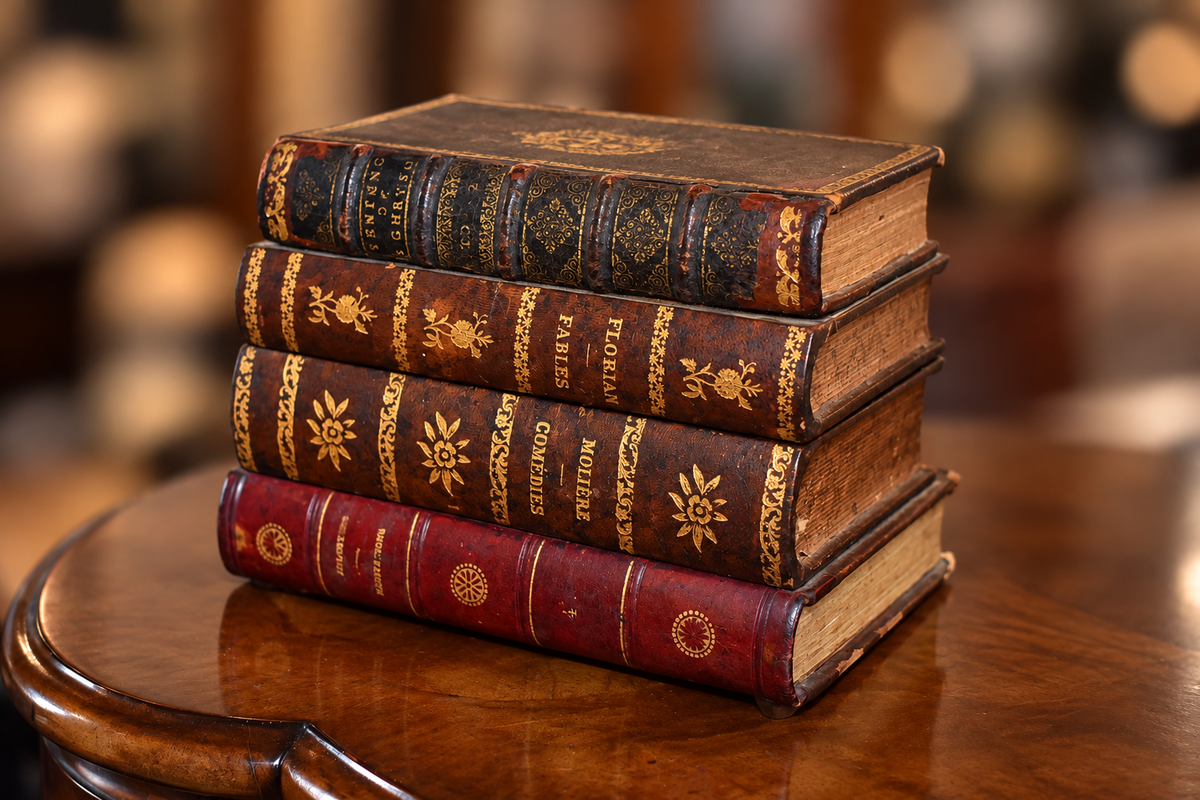 French Gilt-Tooled Leather Book Tantalus with Music Box- closed view
