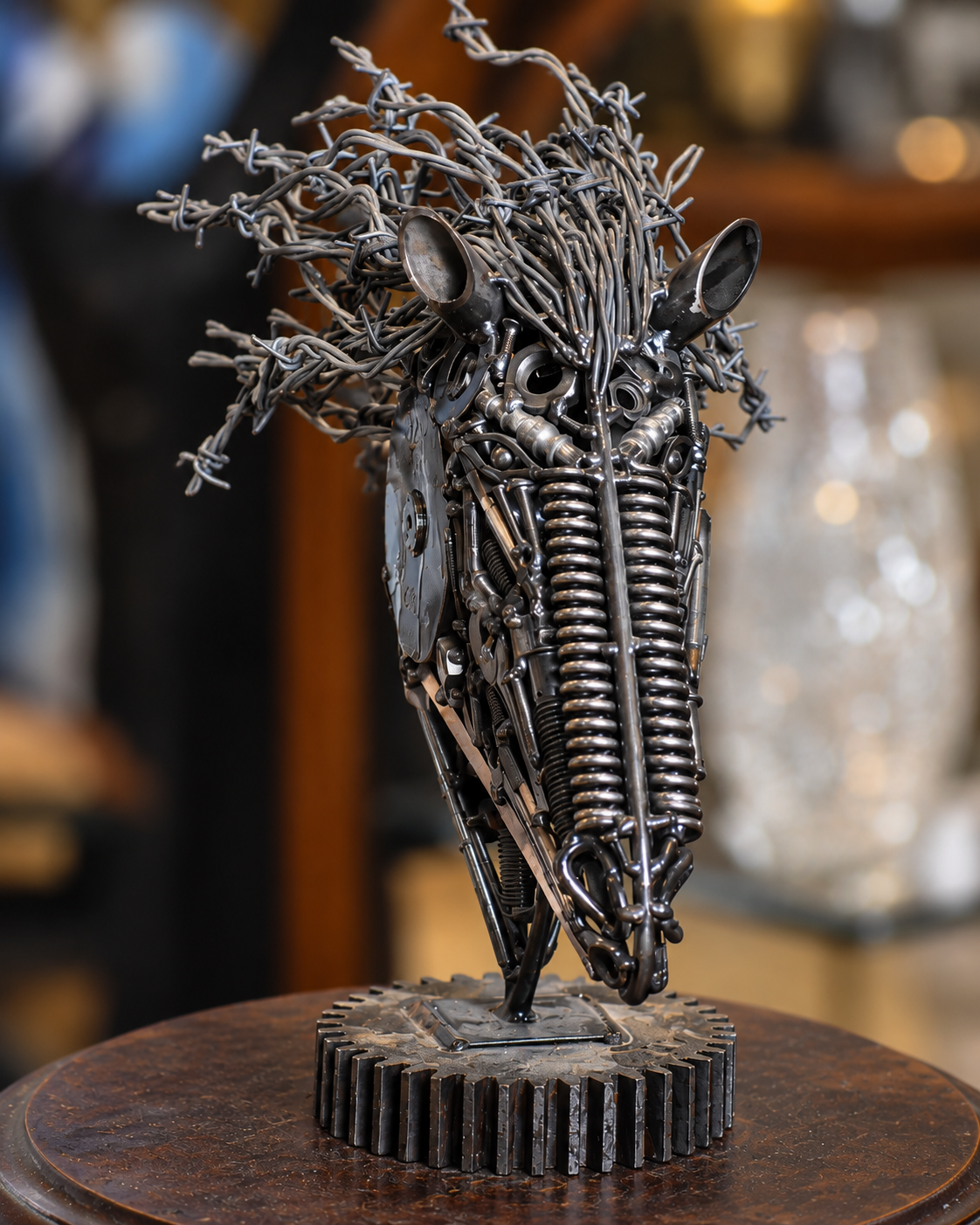 A dark metal sculpture of a stylized animal head, possibly a deer or antelope, crafted from scrap metal parts including springs, gears, and twisted wire, mounted on a circular gear base. The sculpture is displayed on a wooden pedestal in a softly blurred indoor setting.