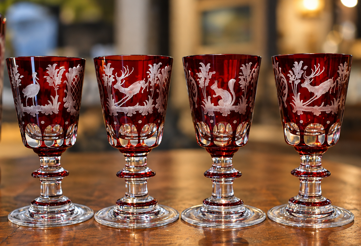 Four red crystal goblets with white etched deer and foliage patterns, arranged in a row on a wooden table.