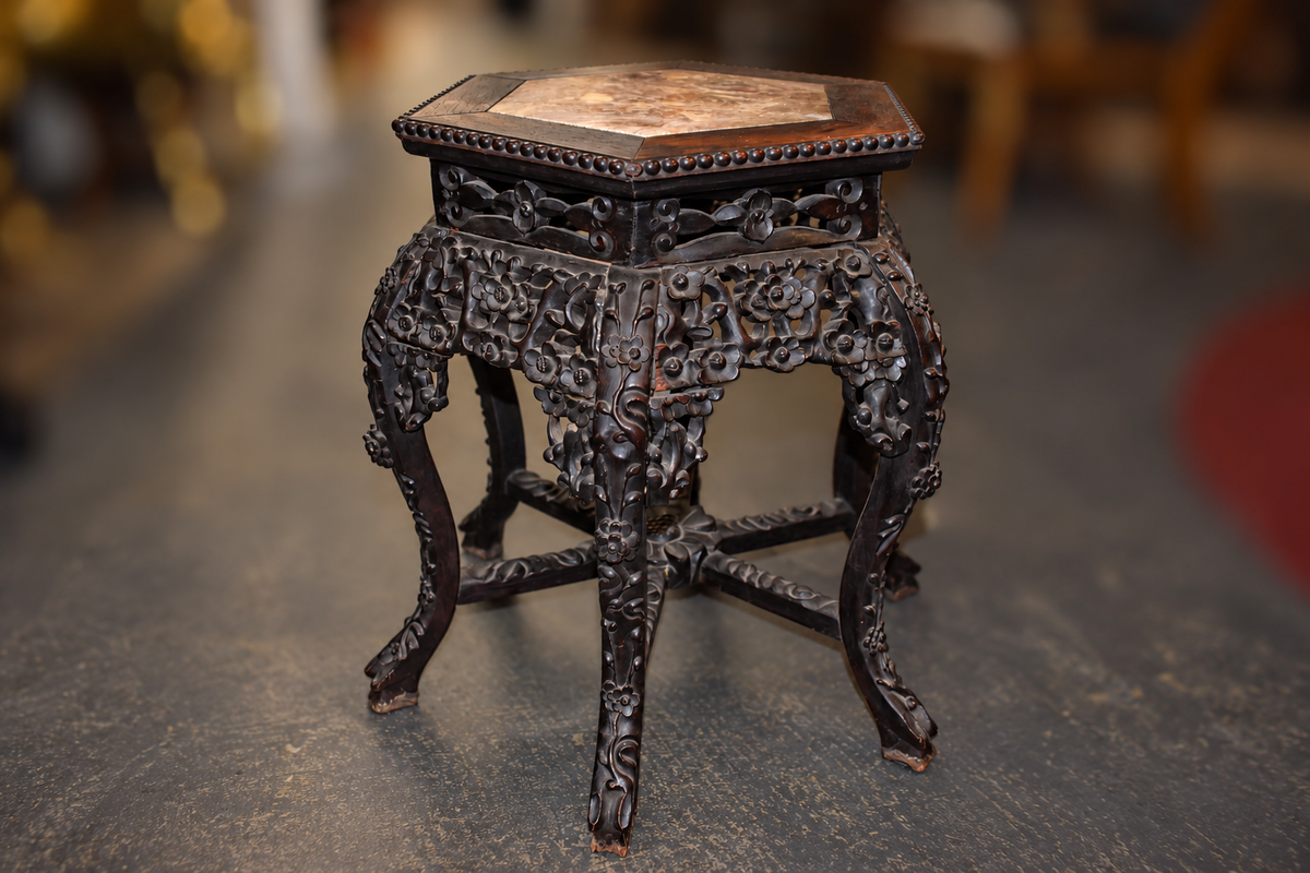 Hexagon Top Carved Antique Table - side view
