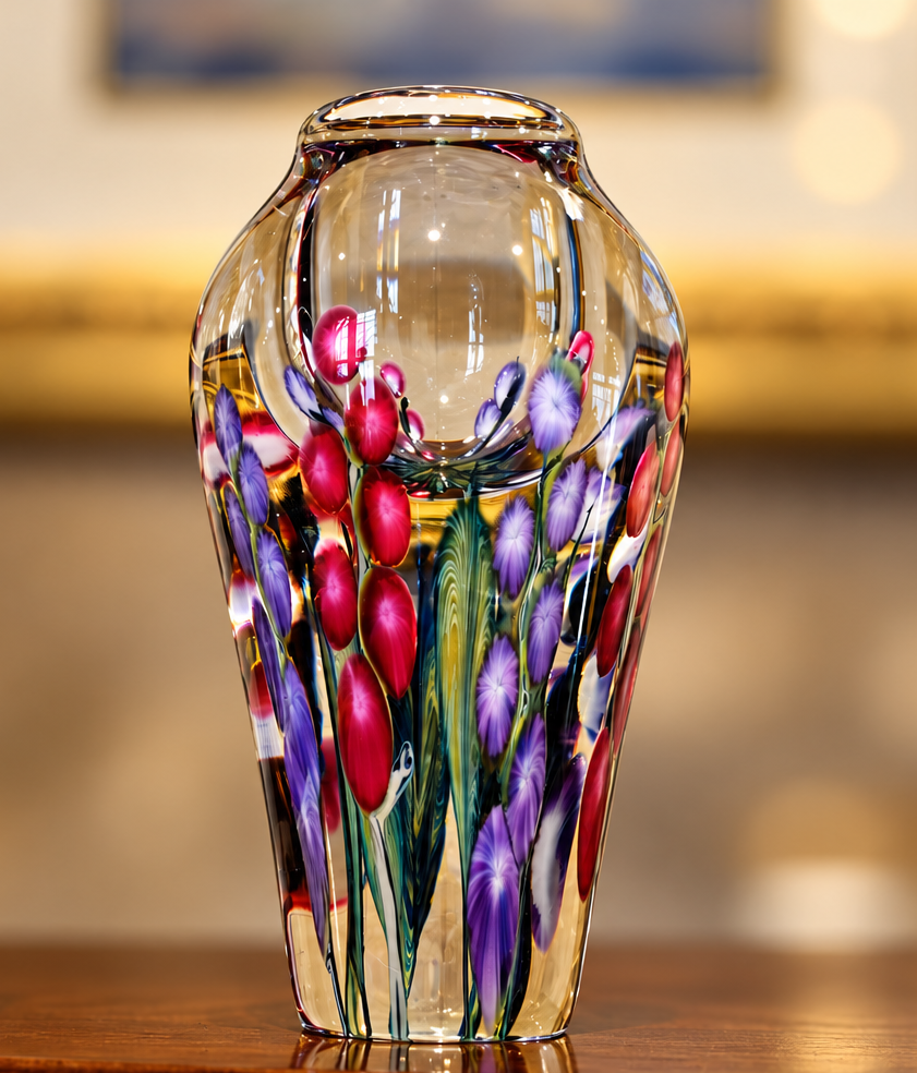 A clear glass vase with a rounded top and flared base, decorated with hand-blown floral motifs in red, purple, and green, displayed on a wooden surface with a blurred background.