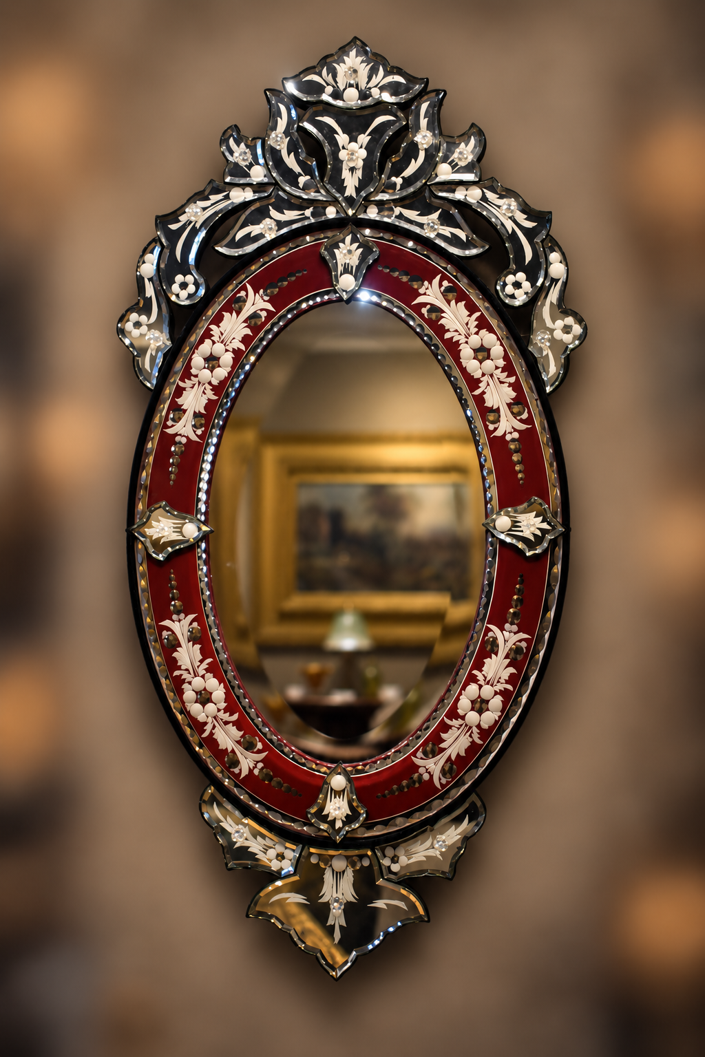 Venetian oval mirror with cranberry  border