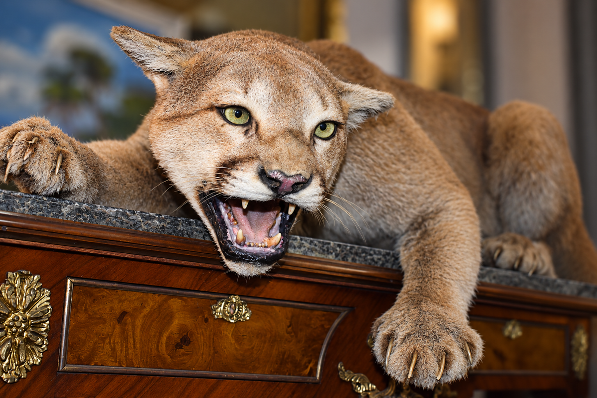 A realistic taxidermy mountain lion or cougar display with an open mouth showing teeth, resting across a wooden cabinet in an indoor setting.