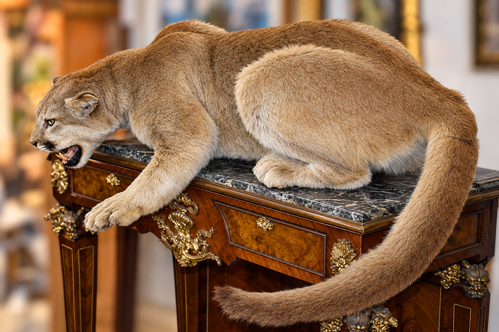 A realistic taxidermy mount of a mountain lion resting on an ornate wooden console table with a marble top, set against a blurred indoor background.