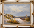 Framed ocean landscape painting with seagulls