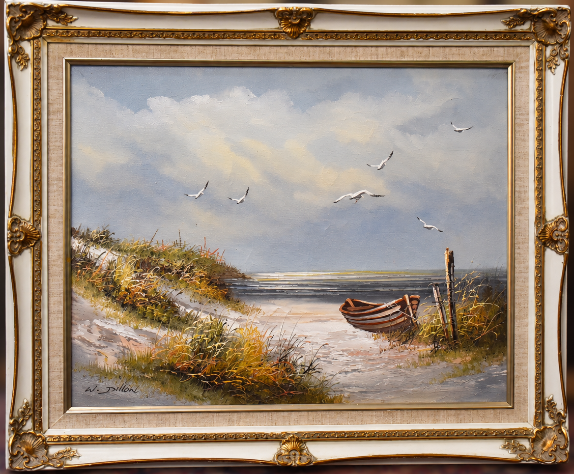 Framed ocean landscape painting with seagulls