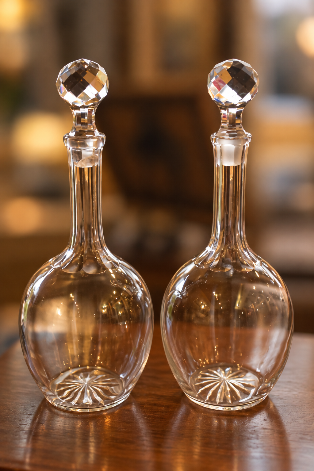 Pair of clear glass decanters with long necks, faceted ball stoppers, and starburst bases on a wooden table.