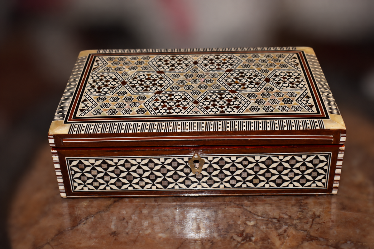 White Geometric Inlaid Wooden Keepsake Box with Key